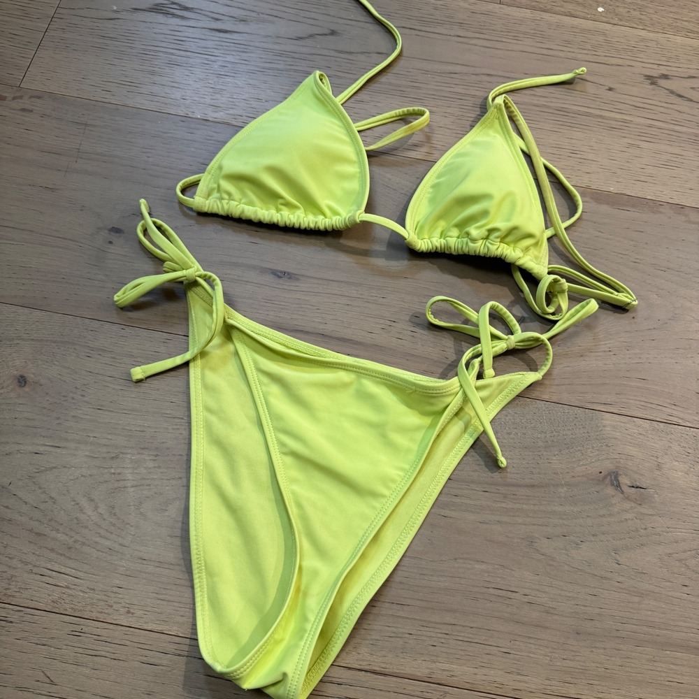 Neon Lime Green Triangle Bikini Set High Cut Side Tie Two Piece Swimsuit Womens
